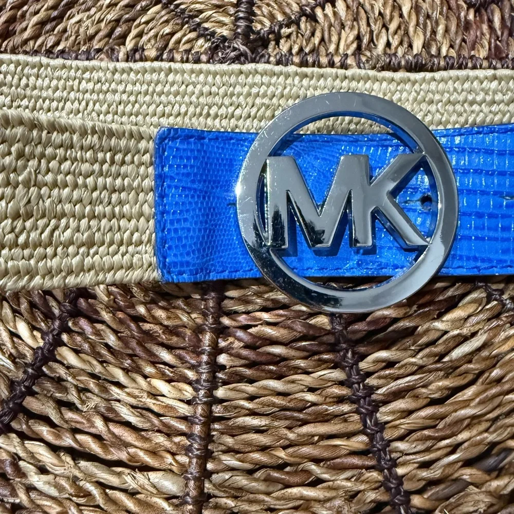 Michael Kors Stretch Straw Belt MK Logo‎ Buckle Sz L 39” Blue Silver Embossed